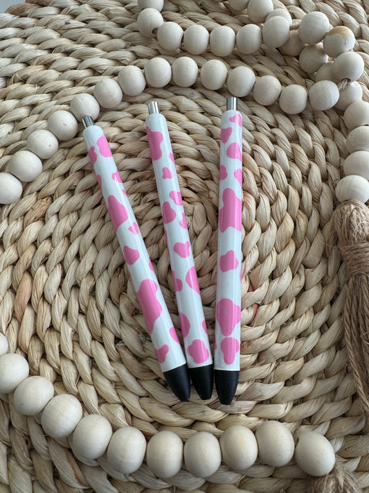 WHITE AND PINK COW PRINT PENS