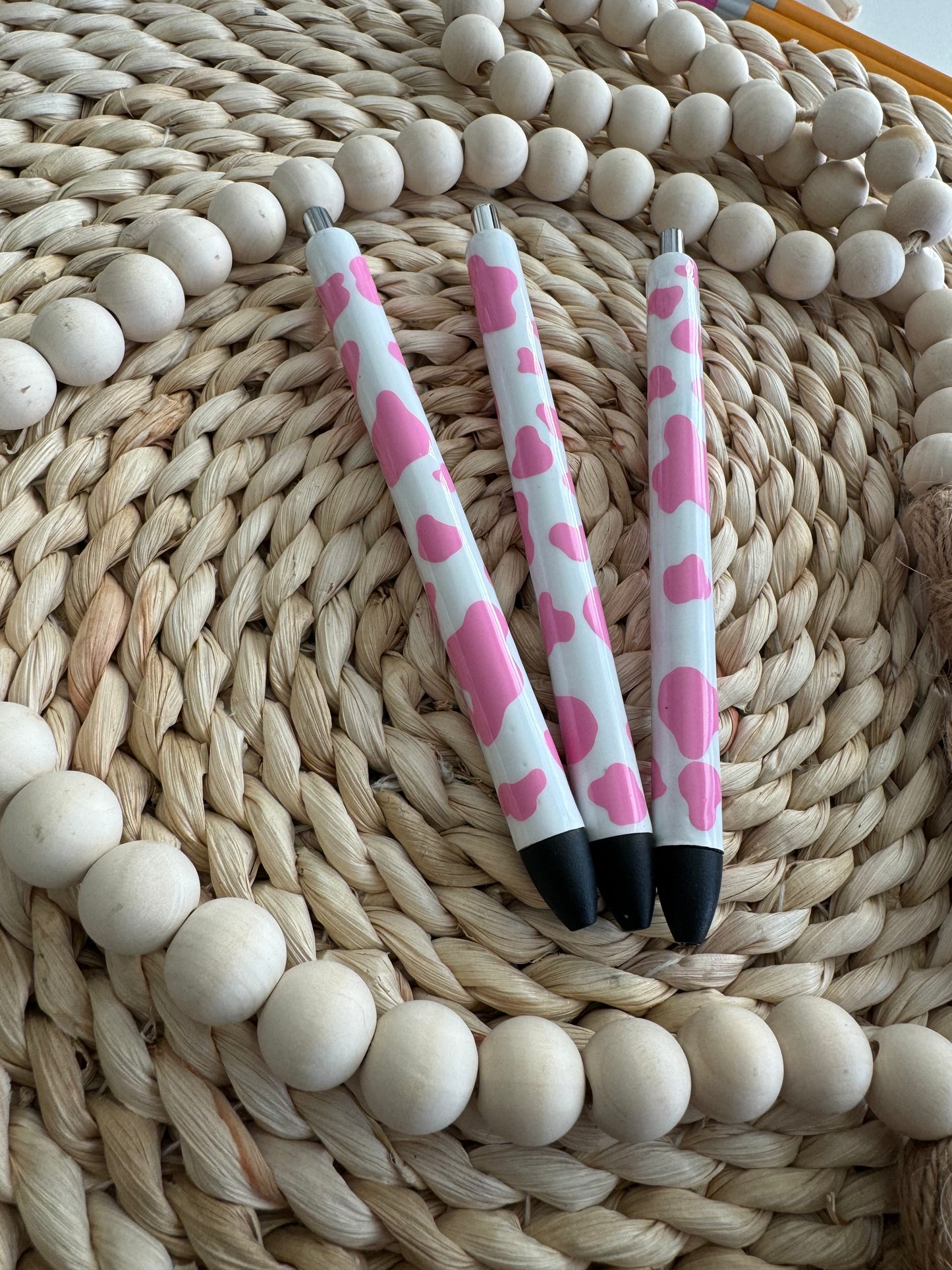 WHITE AND PINK COW PRINT PENS