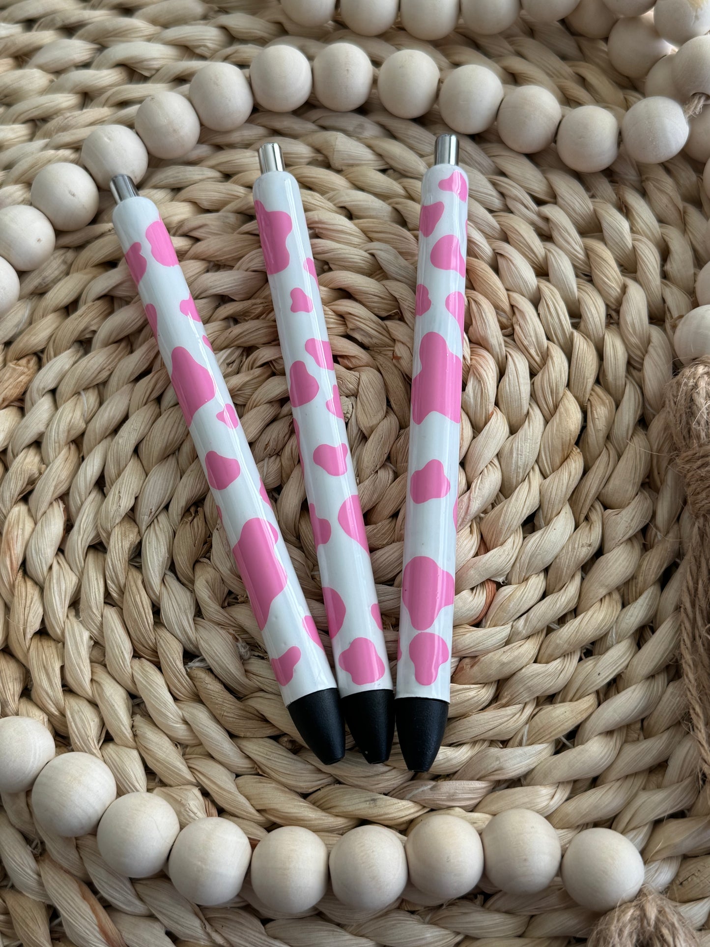 WHITE AND PINK COW PRINT PENS