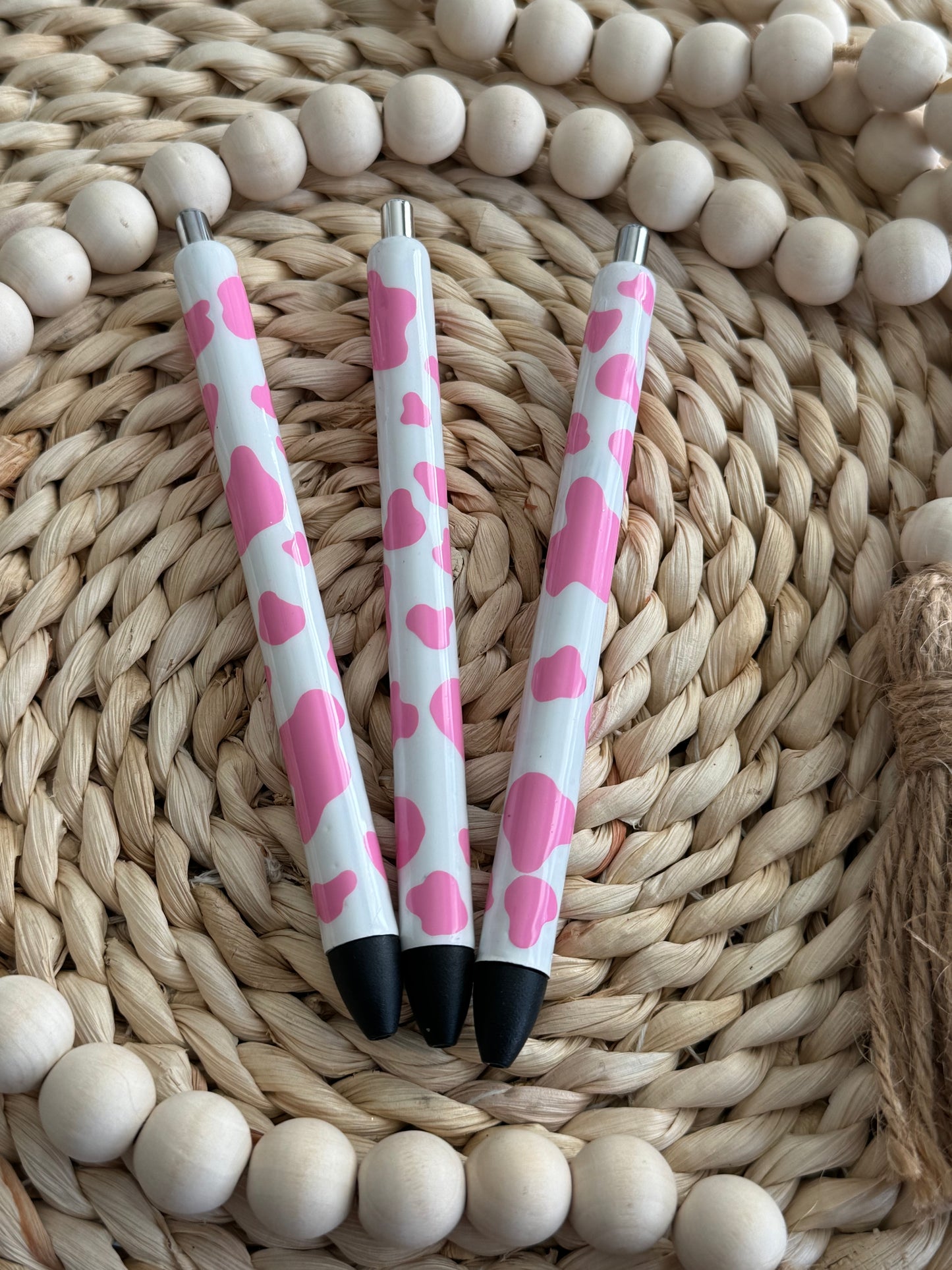 WHITE AND PINK COW PRINT PENS